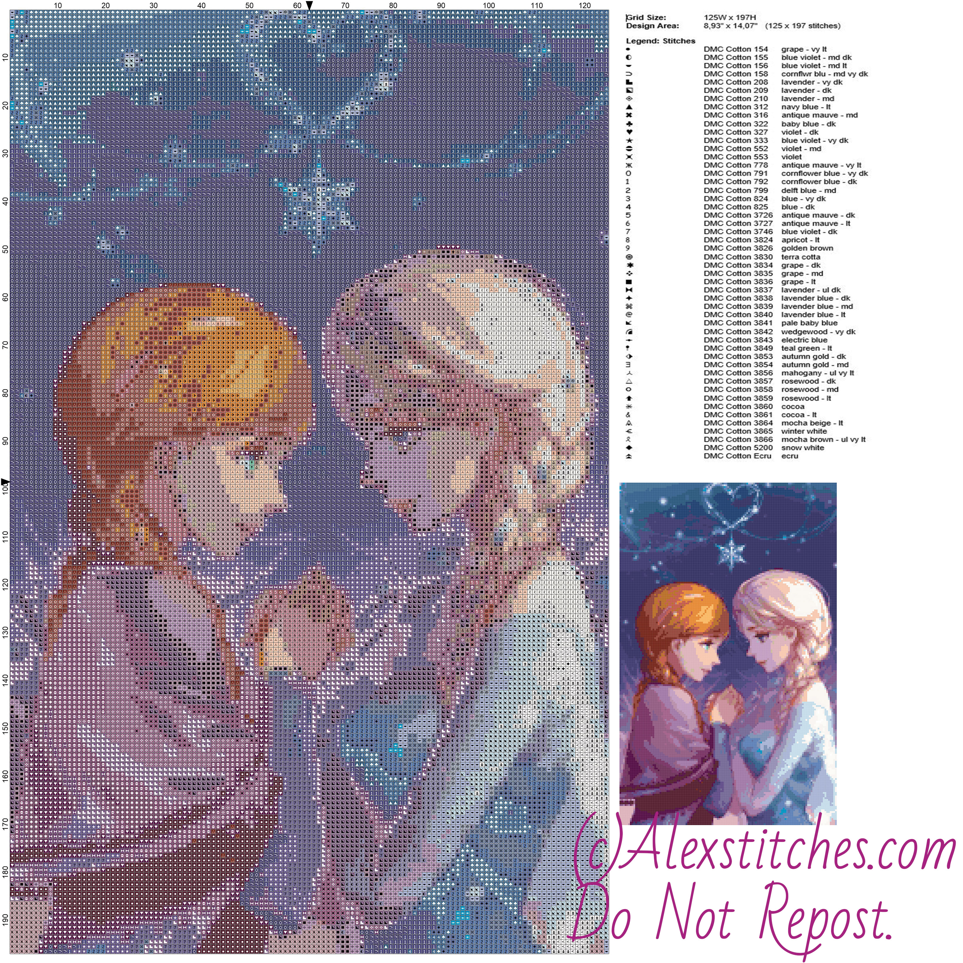 Anna and Elsa Disney Princess free cross stitch pattern 125x197 50 colors