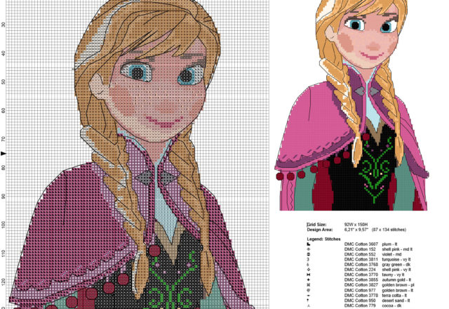 Anna cartoon character from Disney Frozen free cross stitch pattern size about 150 stitches