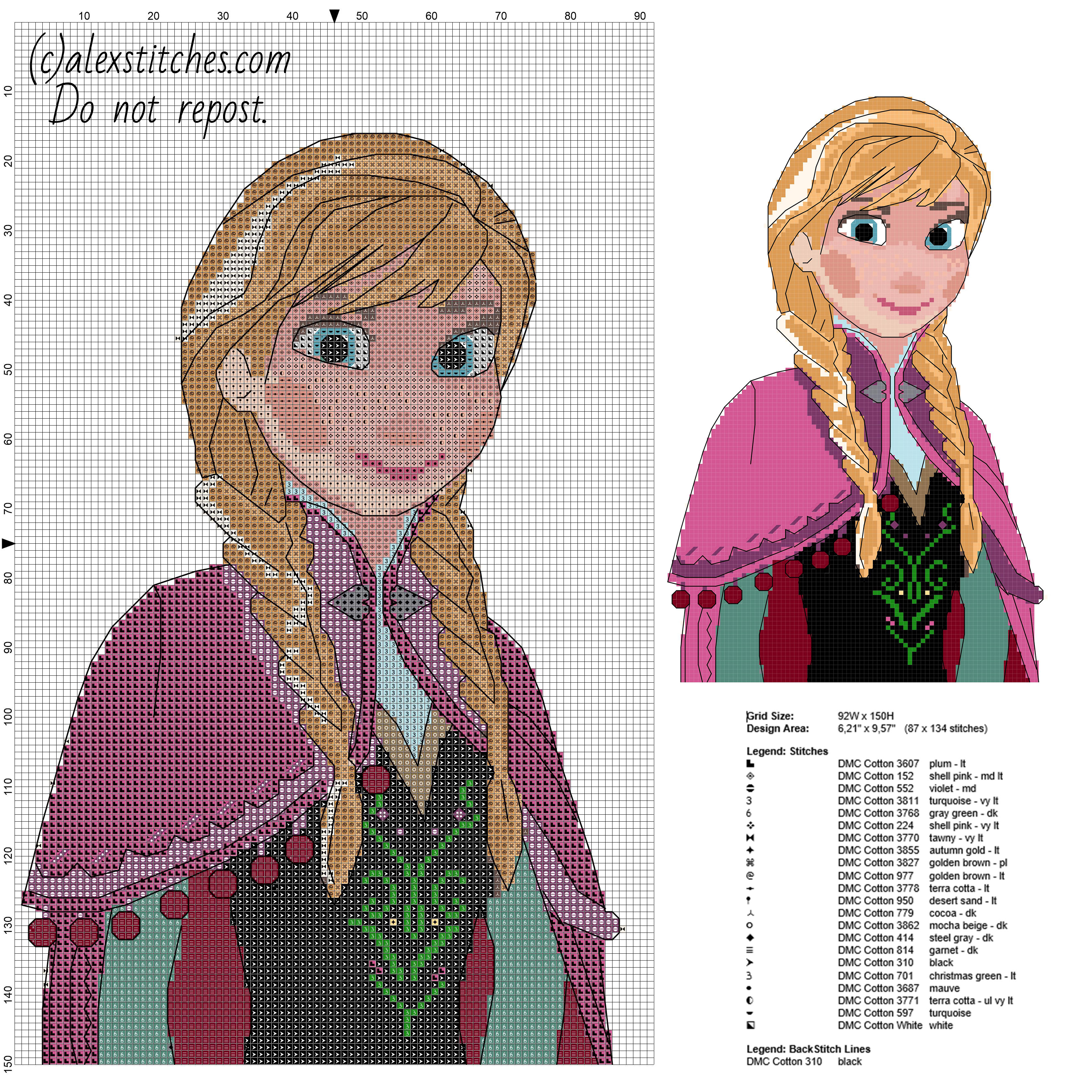 Anna cartoon character from Disney Frozen free cross stitch pattern size about 150 stitches