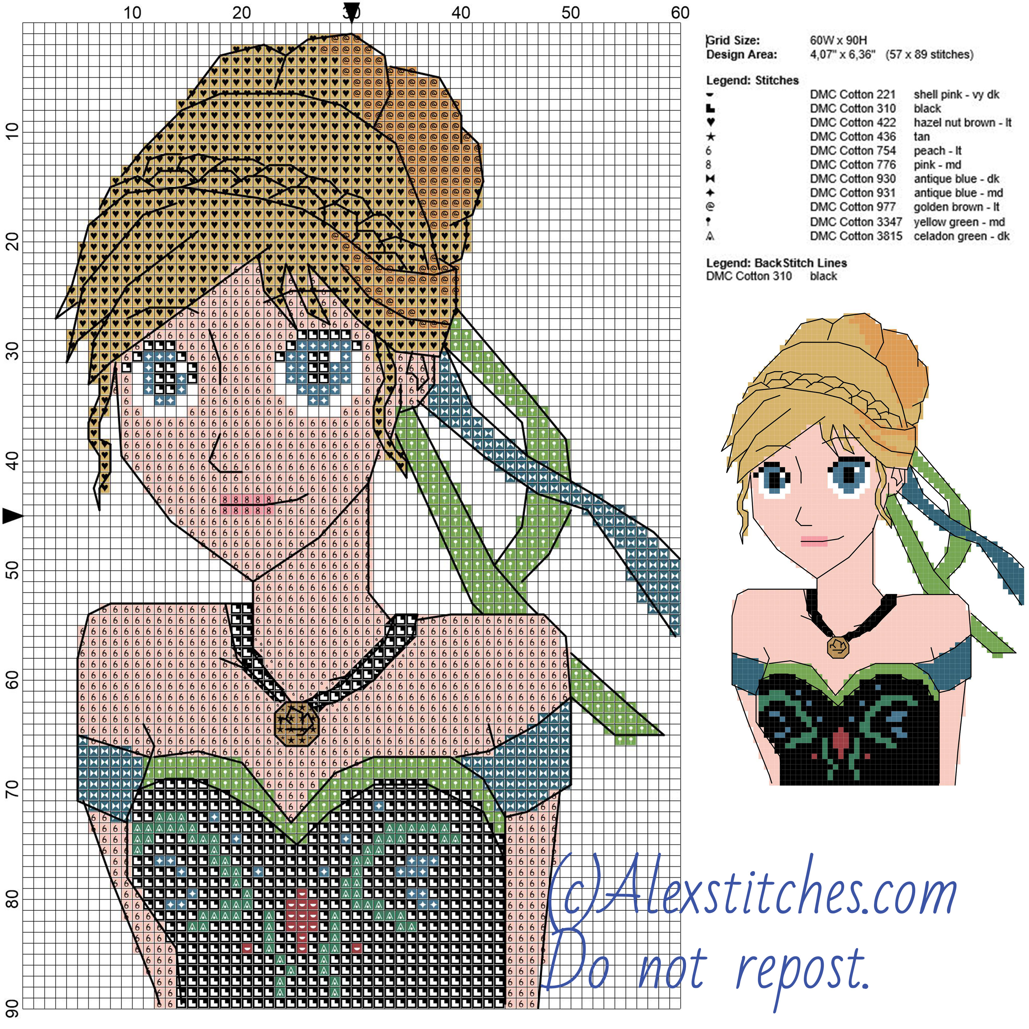 Anna free cross stitch pattern Disney 60x90 11 colors