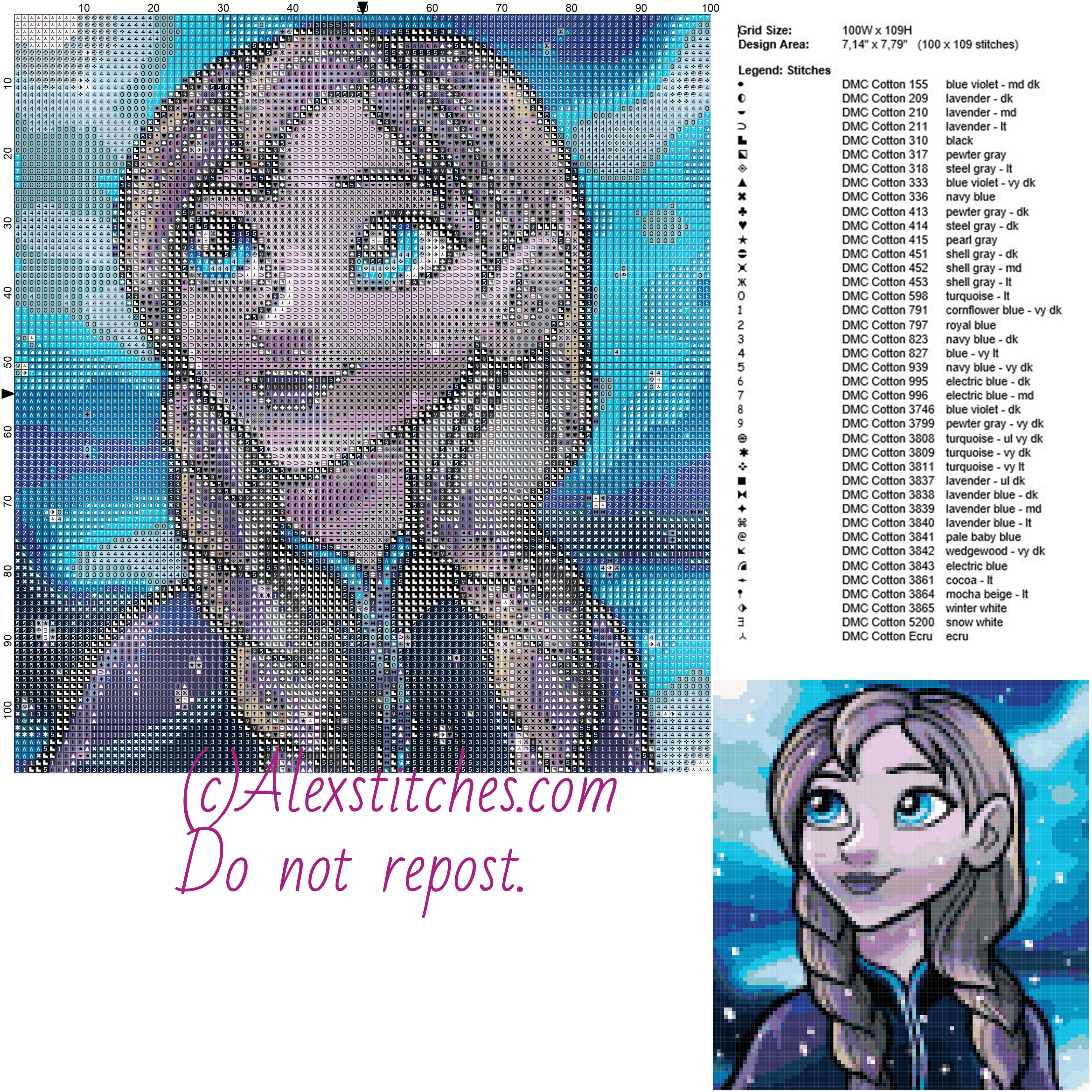 Anna princess Disney free cross stitch pattern 100x109 40 colors