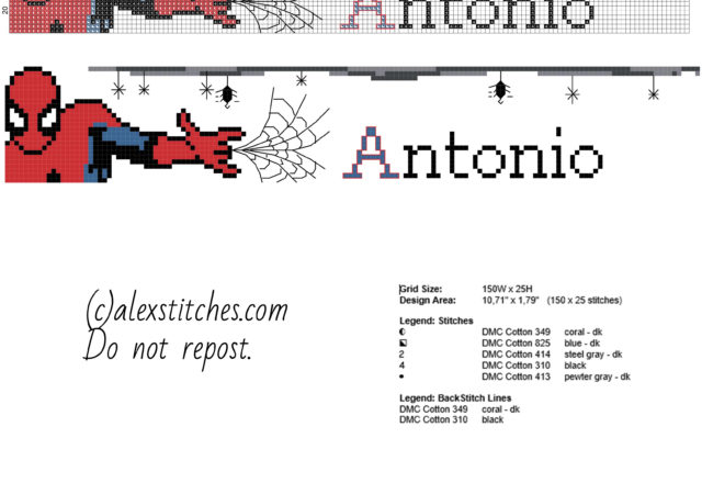 Antonio cross stitch baby male name with Spider Man