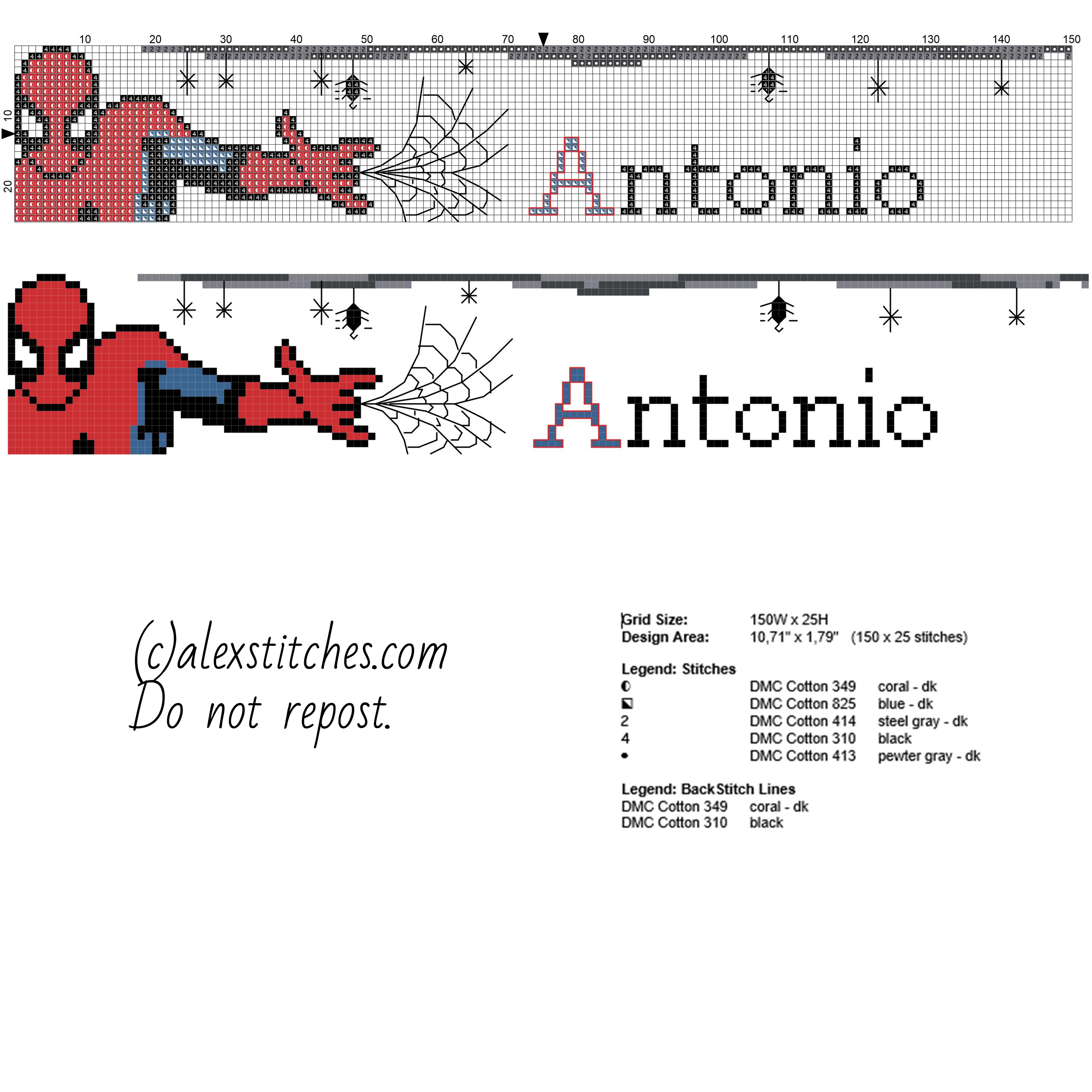 Antonio cross stitch baby male name with Spider Man