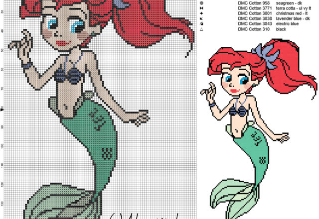 Ariel the little marmaid princess disney free cross stitch pattern 100x162 10 colors