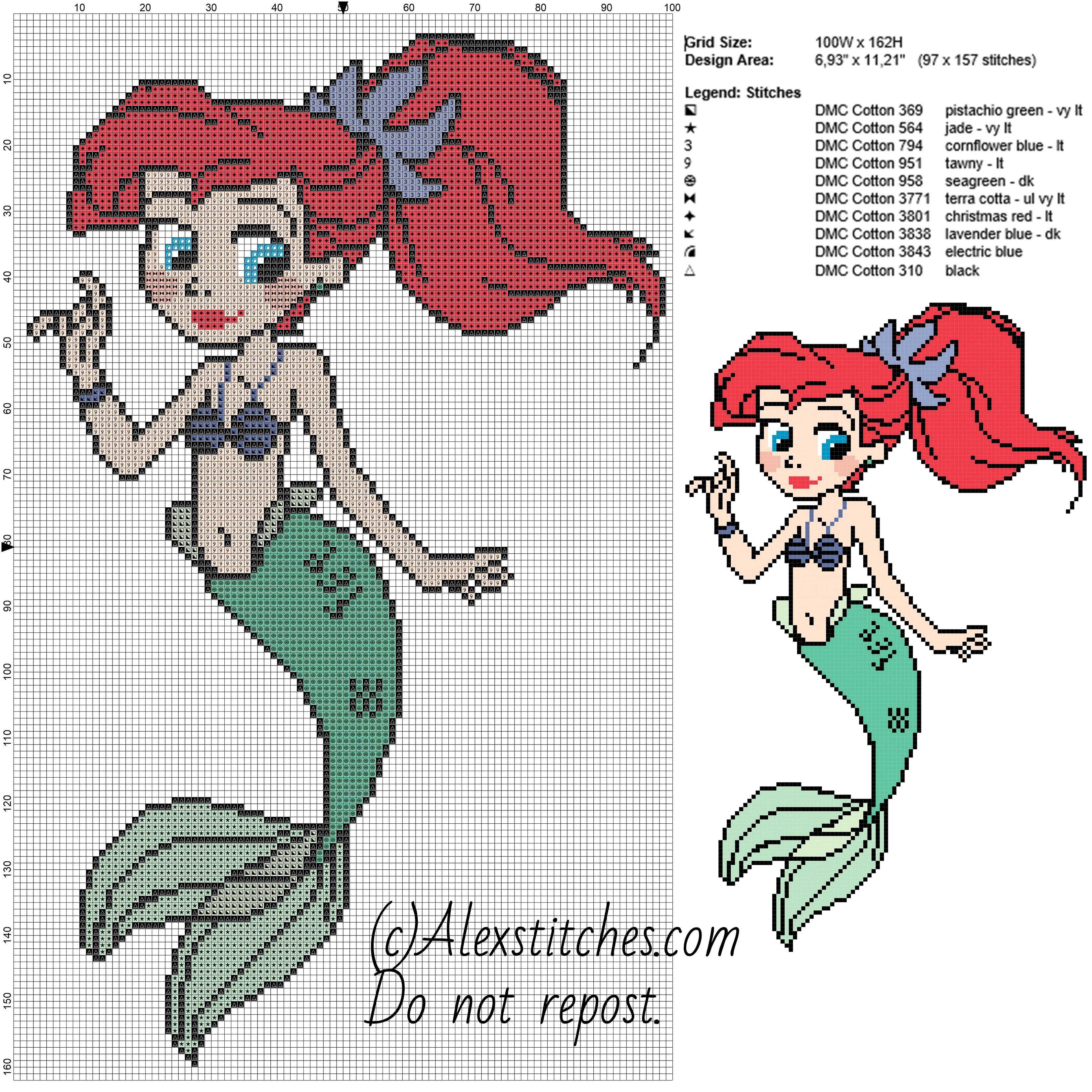 Ariel the little marmaid princess disney free cross stitch pattern 100x162 10 colors