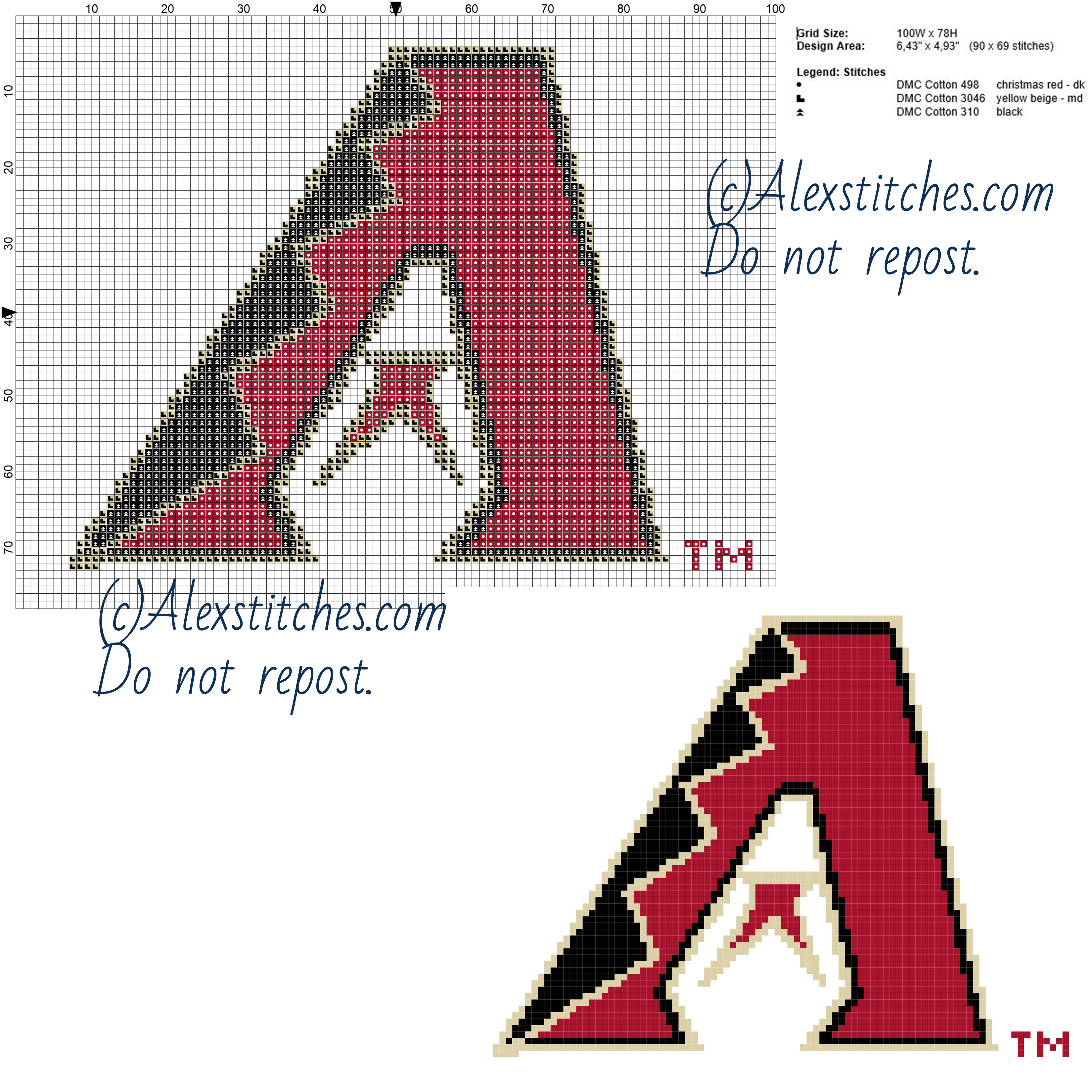 Arizona Diamondbacks free logo Major League Baseball MLB cross stitch pattern 100x78 3 colors