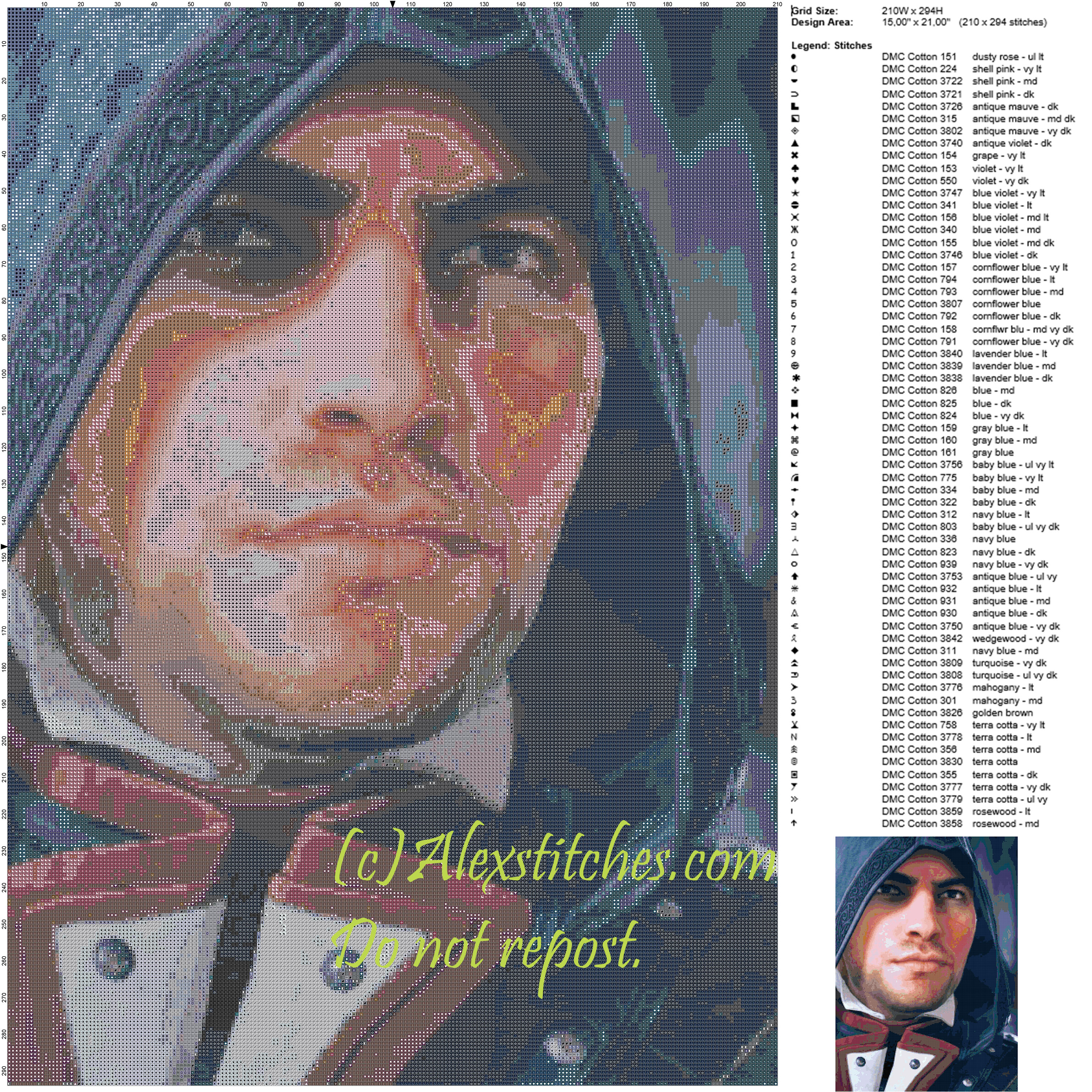 Arno (Assassin’ s creed) free cross stitch pattern 210x294 99 colors