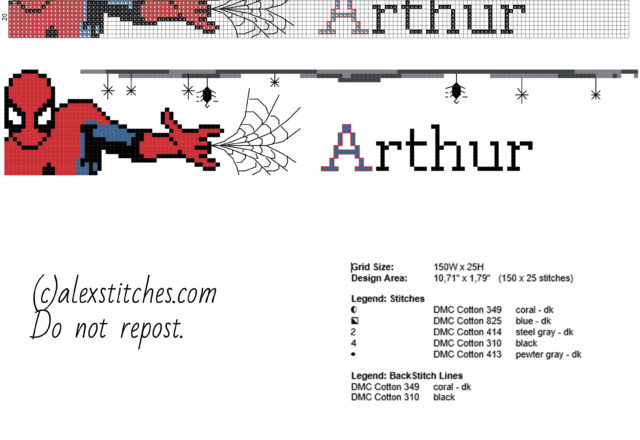 Arthur cross stitch baby male name with Spider Man free download