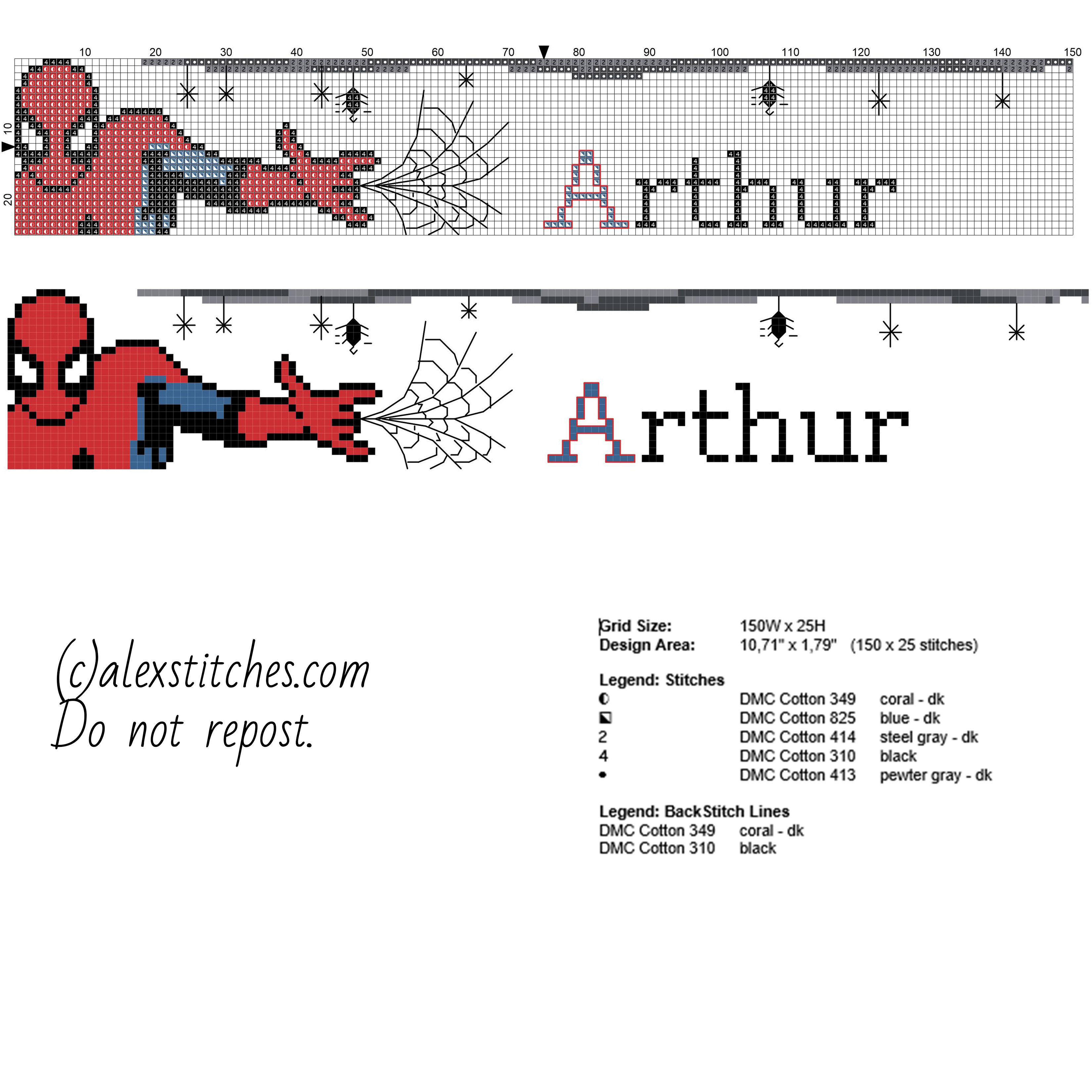 Arthur cross stitch baby male name with Spider Man free download