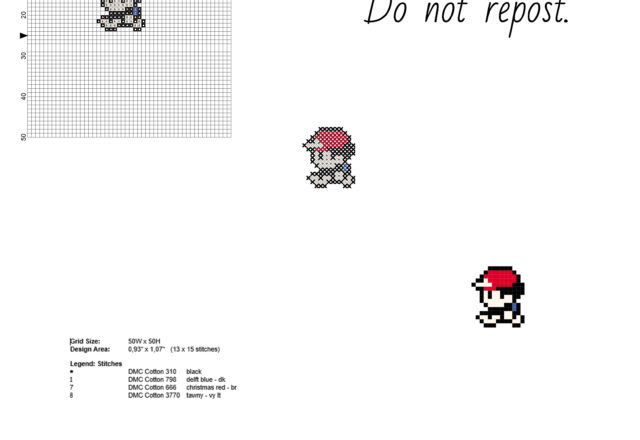 Ash Pokemon character walking colored and small cross stitch pattern