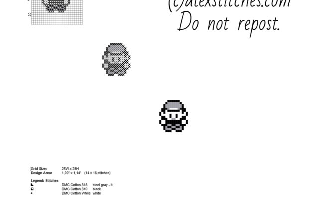 Ash retro Pokemon black and white free simple and small cross stitch pattern