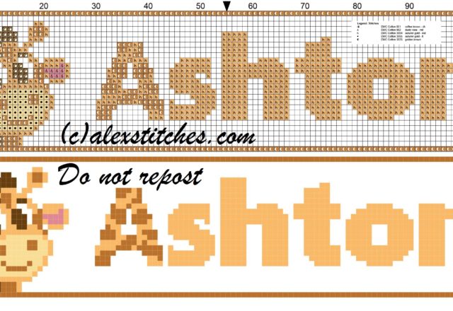 Ashton name with giraffe cross stitch pattern