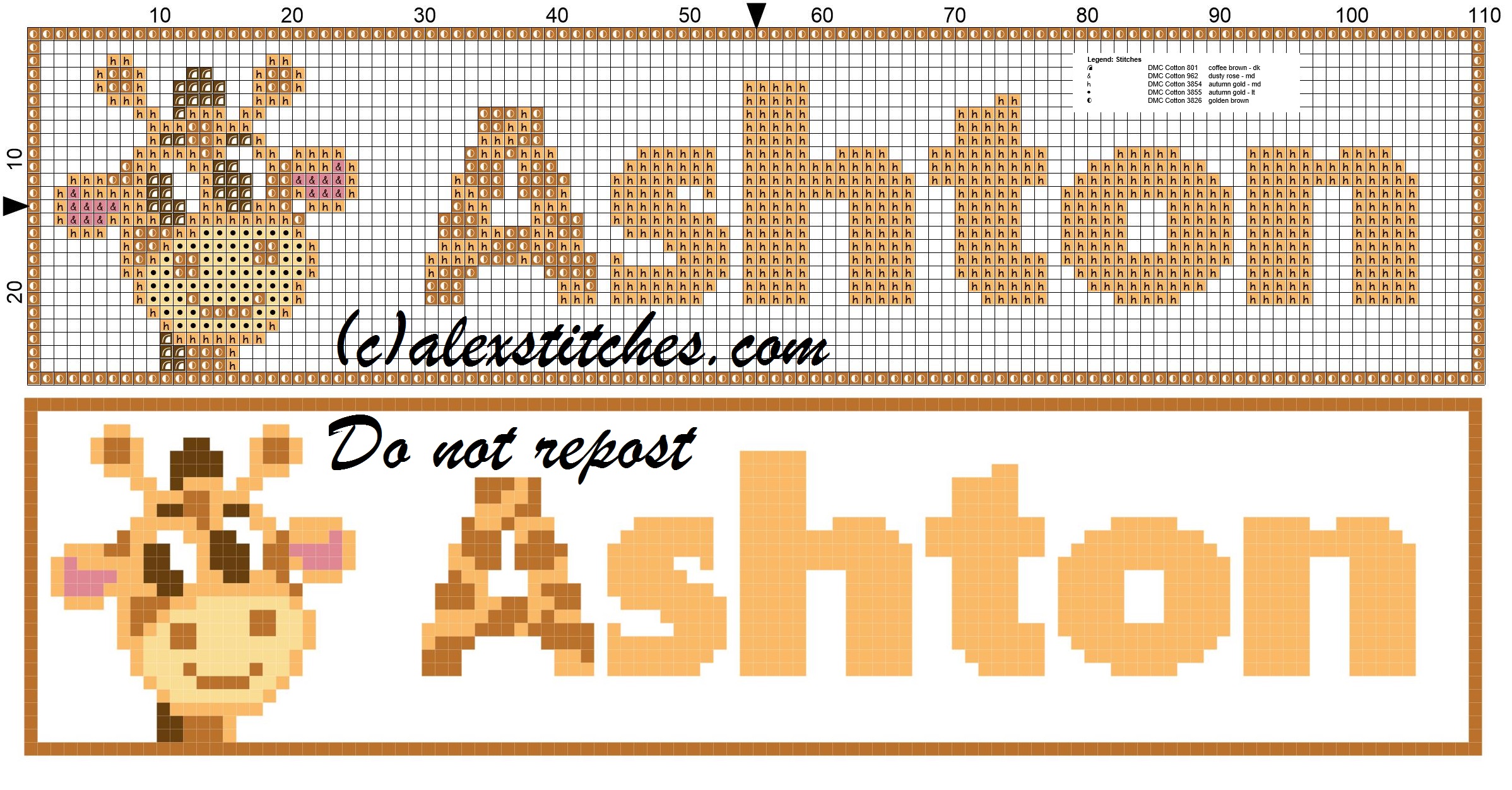 Ashton name with giraffe cross stitch pattern