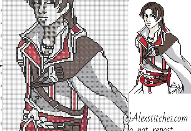 Assassin’ s Creed Ezio Auditore free videogames cross stitch pattern 100x148 6 colors