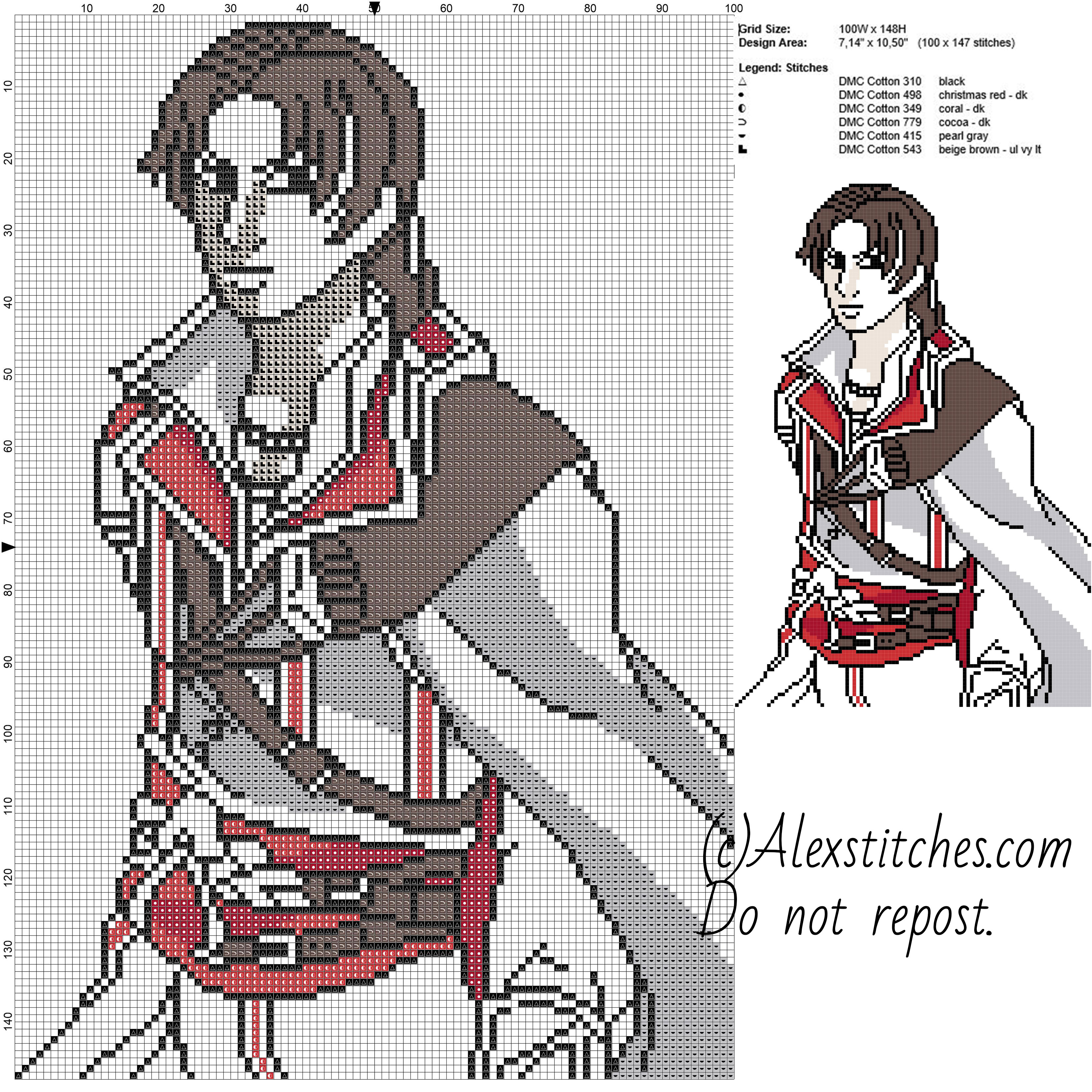 Assassin’ s Creed Ezio Auditore free videogames cross stitch pattern 100x148 6 colors