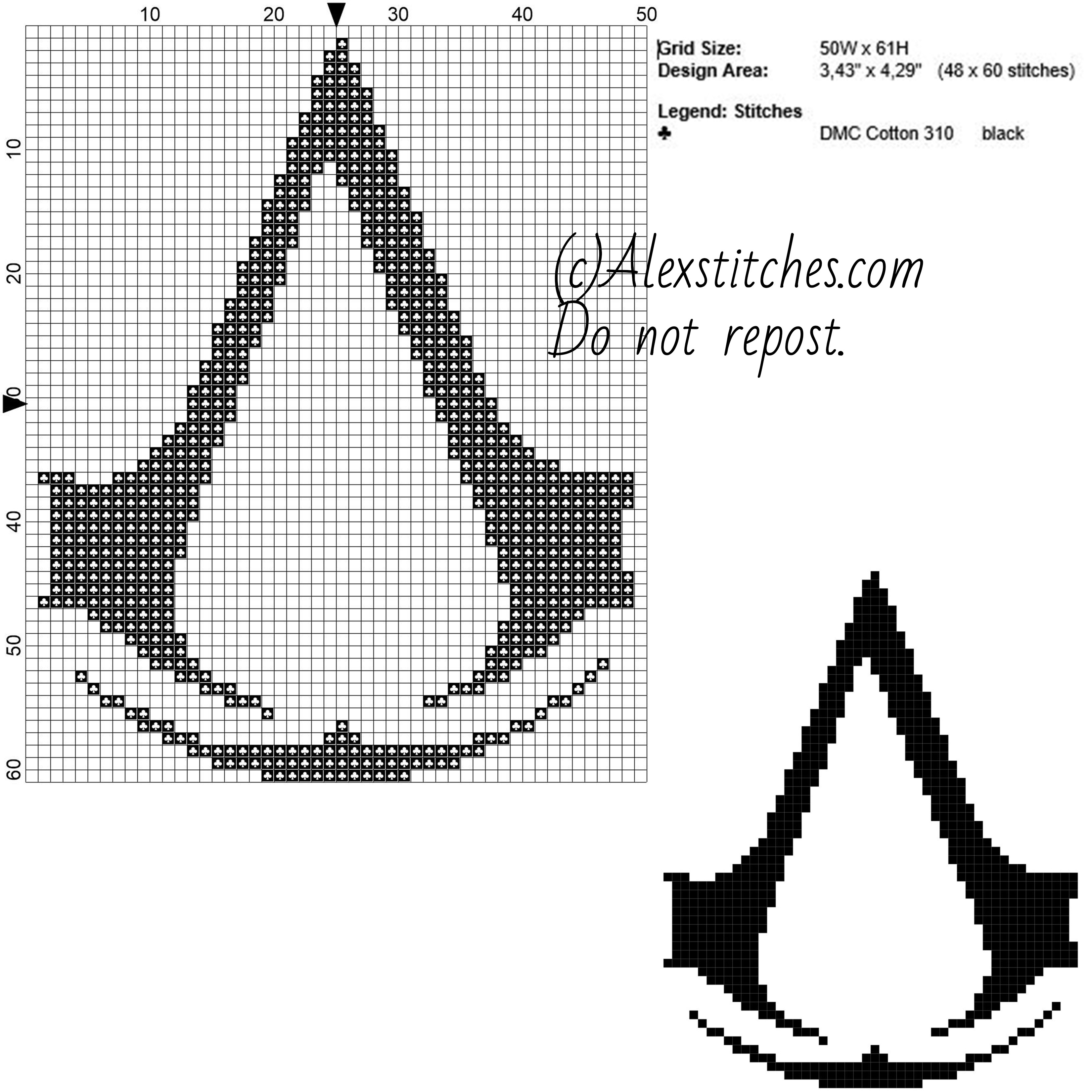 Assassin’ s Creed symbol videogames free cross stitch pattern 48x60 1 color