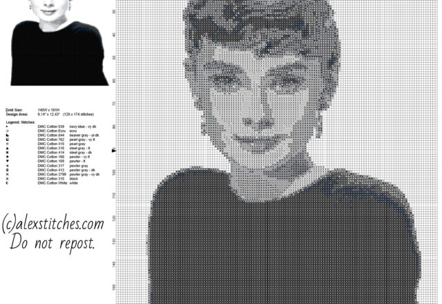 Audrey Hepburn famous British actress black and white painting free cross stitch pattern