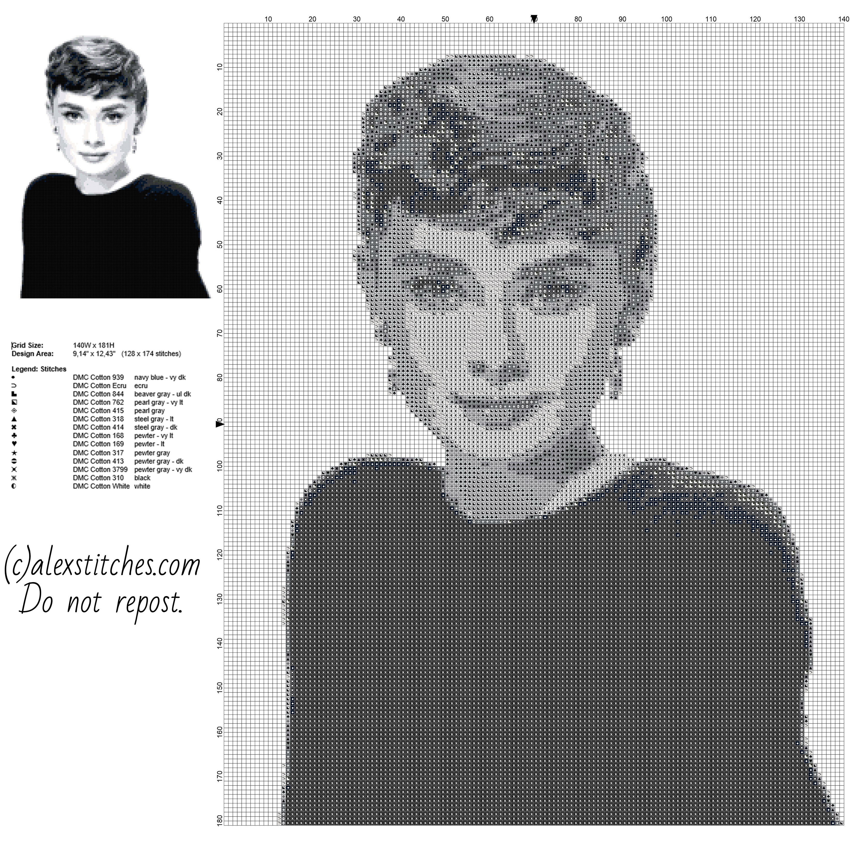 Audrey Hepburn famous British actress black and white painting free cross stitch pattern