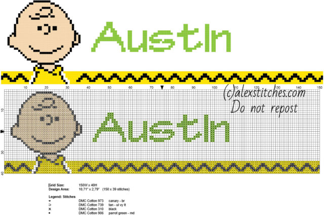 Austin cross stitch baby names with Charlie Brown from Peanuts