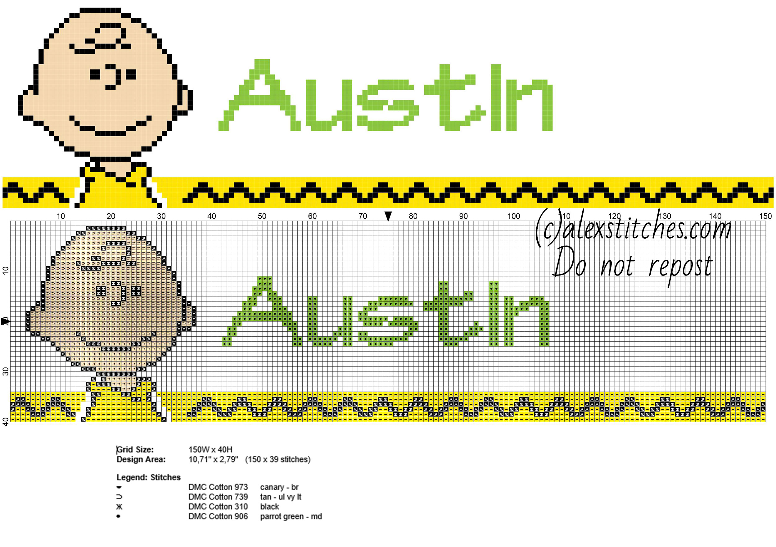 Austin cross stitch baby names with Charlie Brown from Peanuts