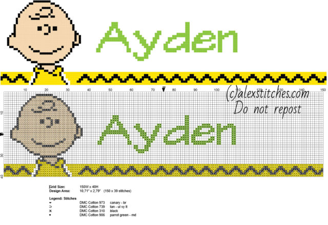 Ayden cross stitch baby male name with Charlie Brown From Peanuts cartoon