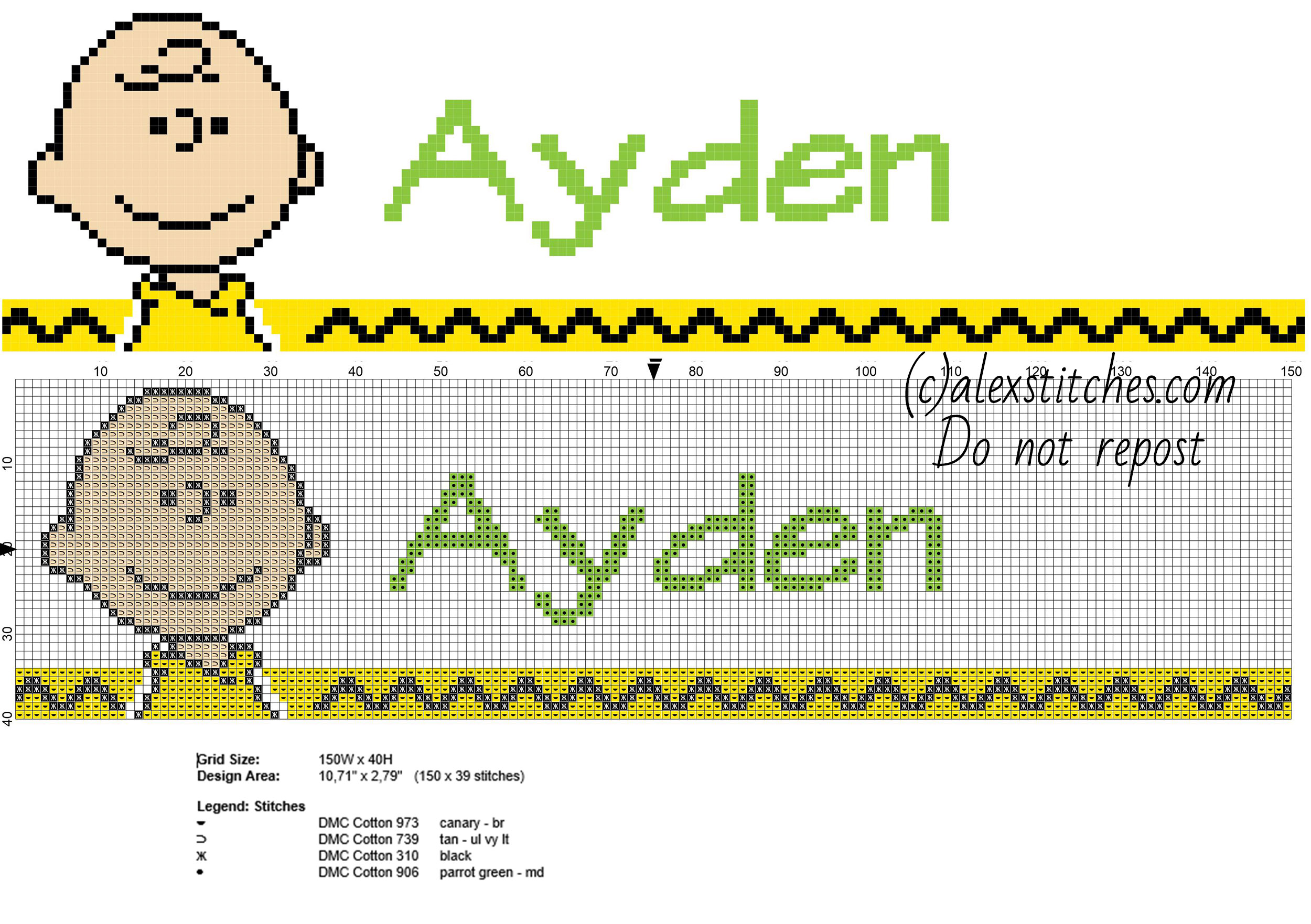 Ayden cross stitch baby male name with Charlie Brown From Peanuts cartoon