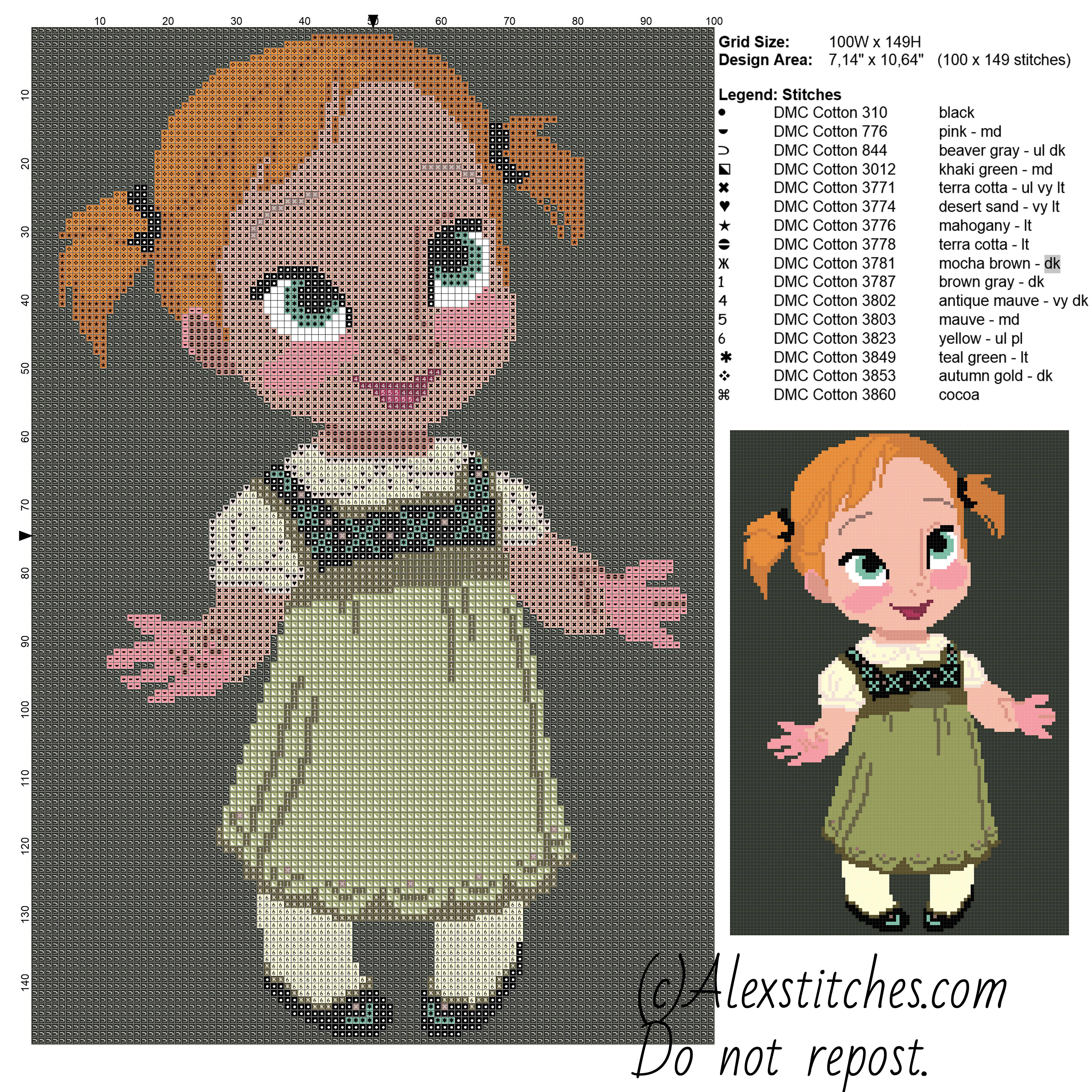 Baby Anna Frozen cross stitch pattern 100x150 16 colors