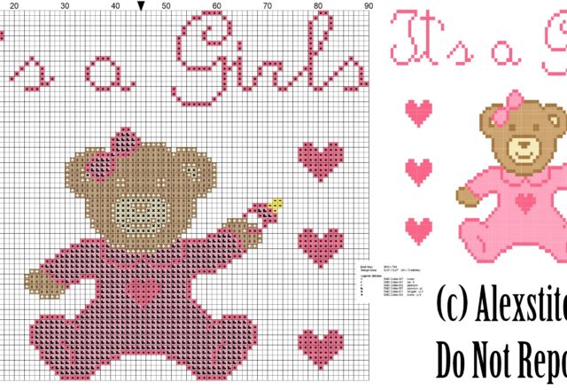 Baby Bear onesie it' s a girls birth record free cross stitch pattern