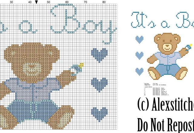 Baby Bear with jeans it' s a boy birth record cross stitch pattern