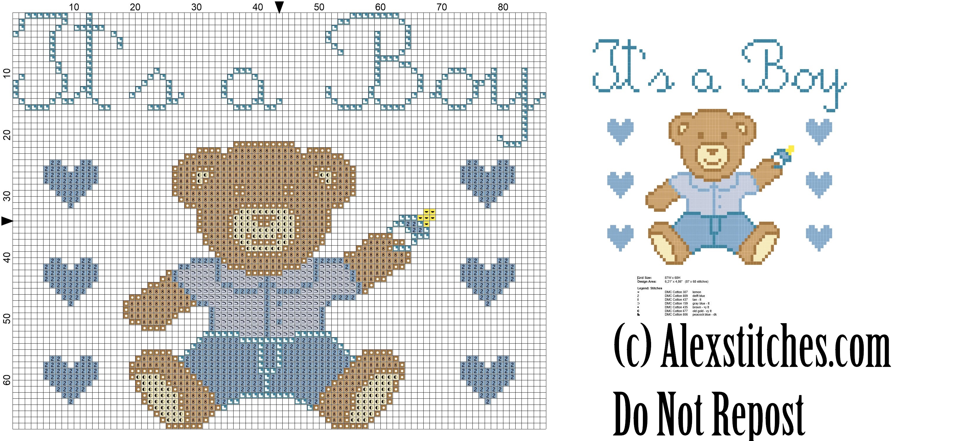 Baby Bear with jeans it' s a boy birth record cross stitch pattern