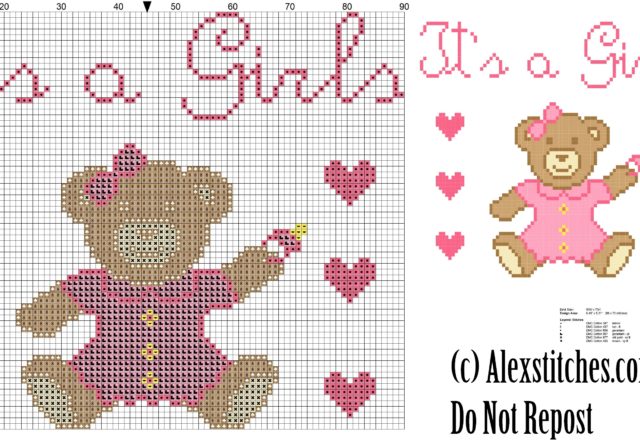 Baby Bear with jeans it' s a girl birth record cross stitch pattern