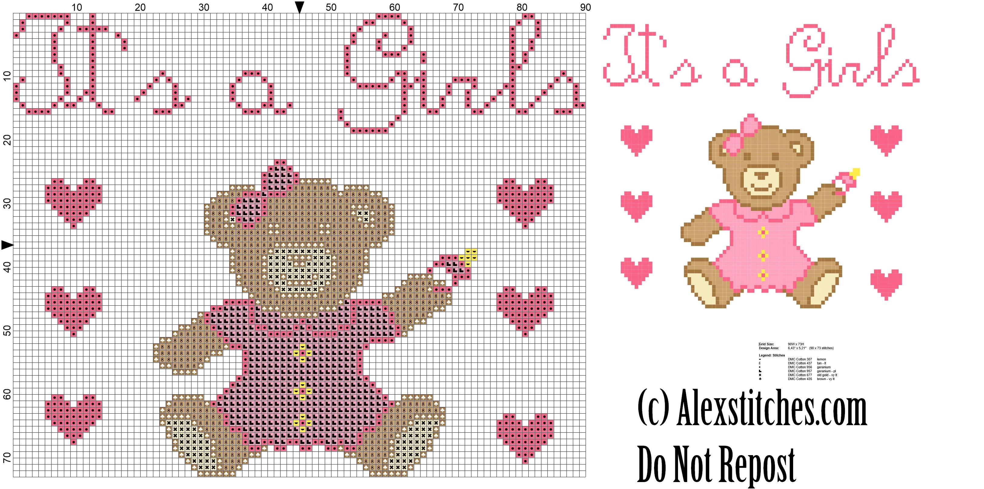 Baby Bear with jeans it' s a girl birth record cross stitch pattern