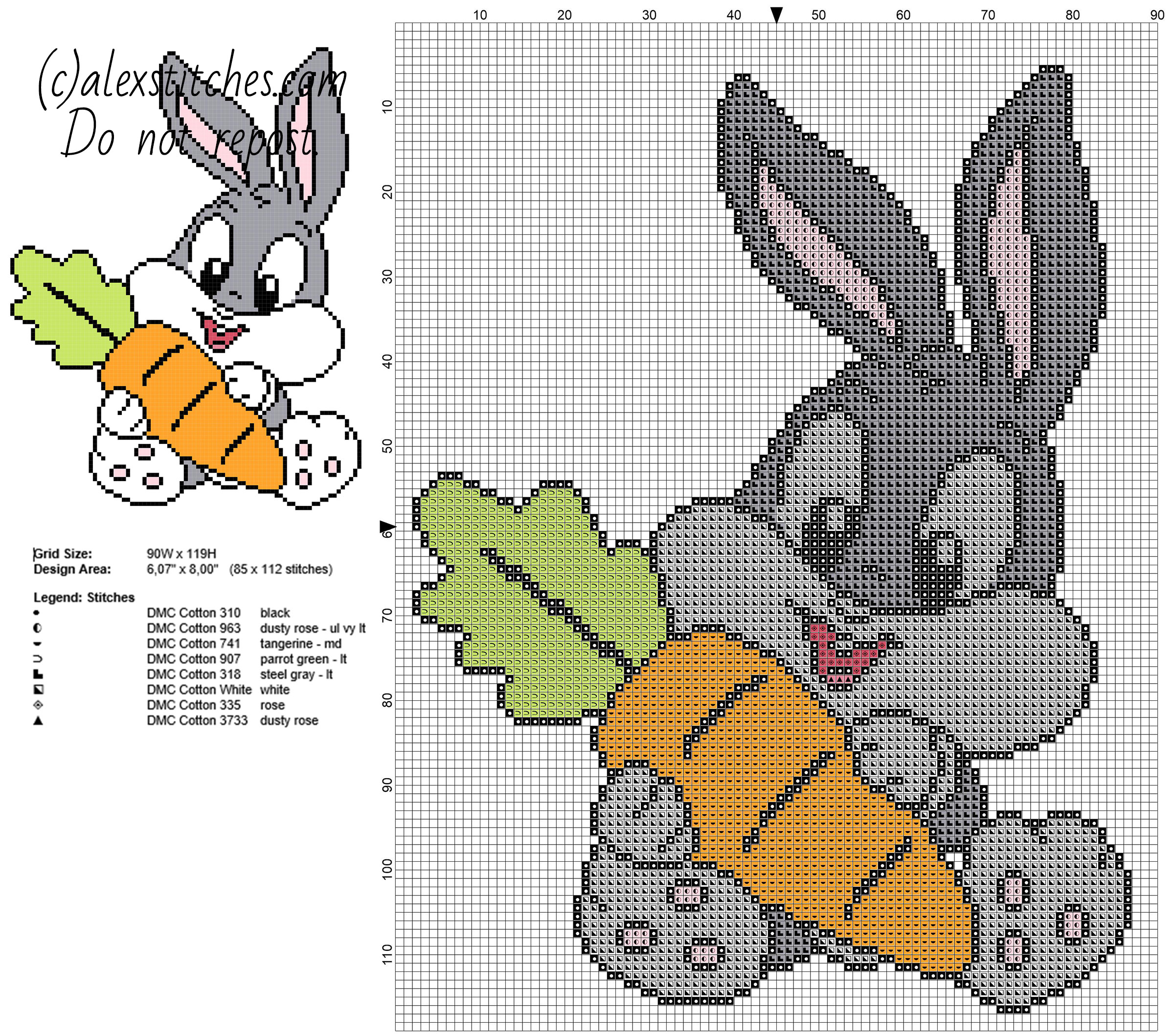 Baby Bugs Bunny with carrot Looney Tunes cartoons character free cross stitch pattern
