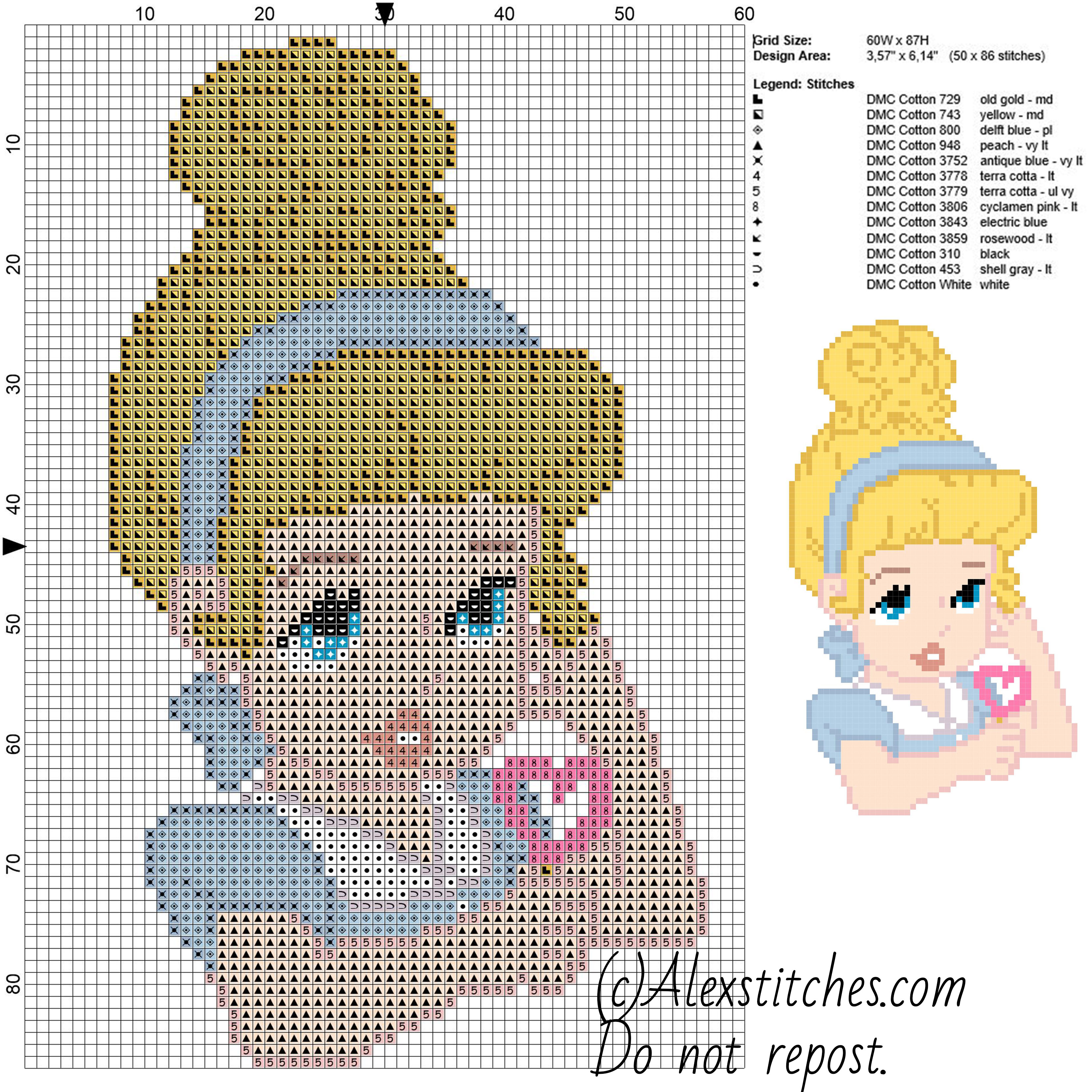 Baby Cinderella disney with lollipop free cross stitch pattern 50x86 13 colorsù