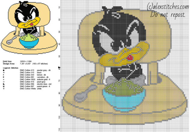 Baby Daffy Duck Looney Tunes character feeding time free cross stitch pattern 103 x 97 9 DMC colors