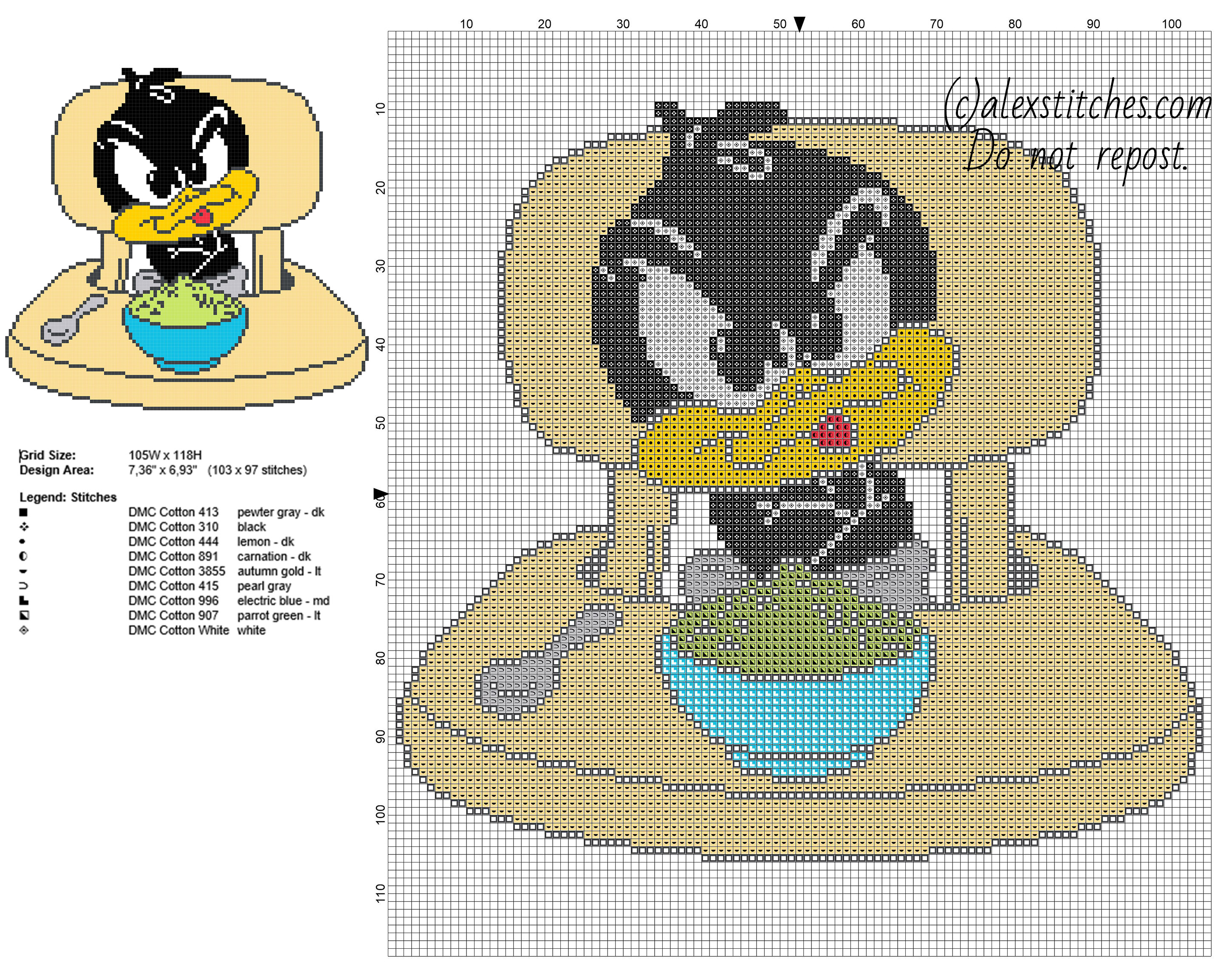 Baby Daffy Duck Looney Tunes character feeding time free cross stitch pattern 103 x 97 9 DMC colors