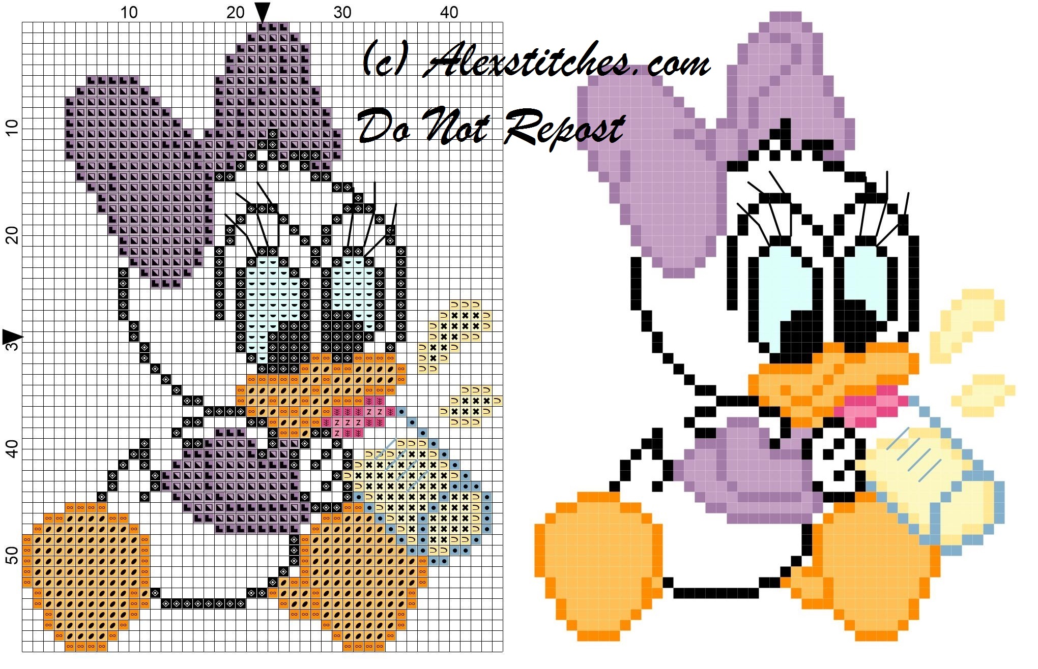 Baby Daisy Duck with pacifier for bibs cross stitch pattern