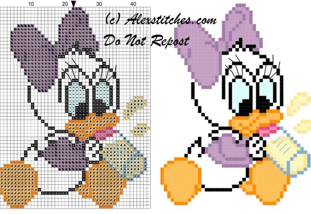 Baby Daisy Duck with pacifier for bibs cross stitch pattern