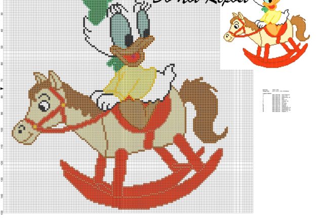 Baby Daisy Duck with rocking horse cross stitch pattern