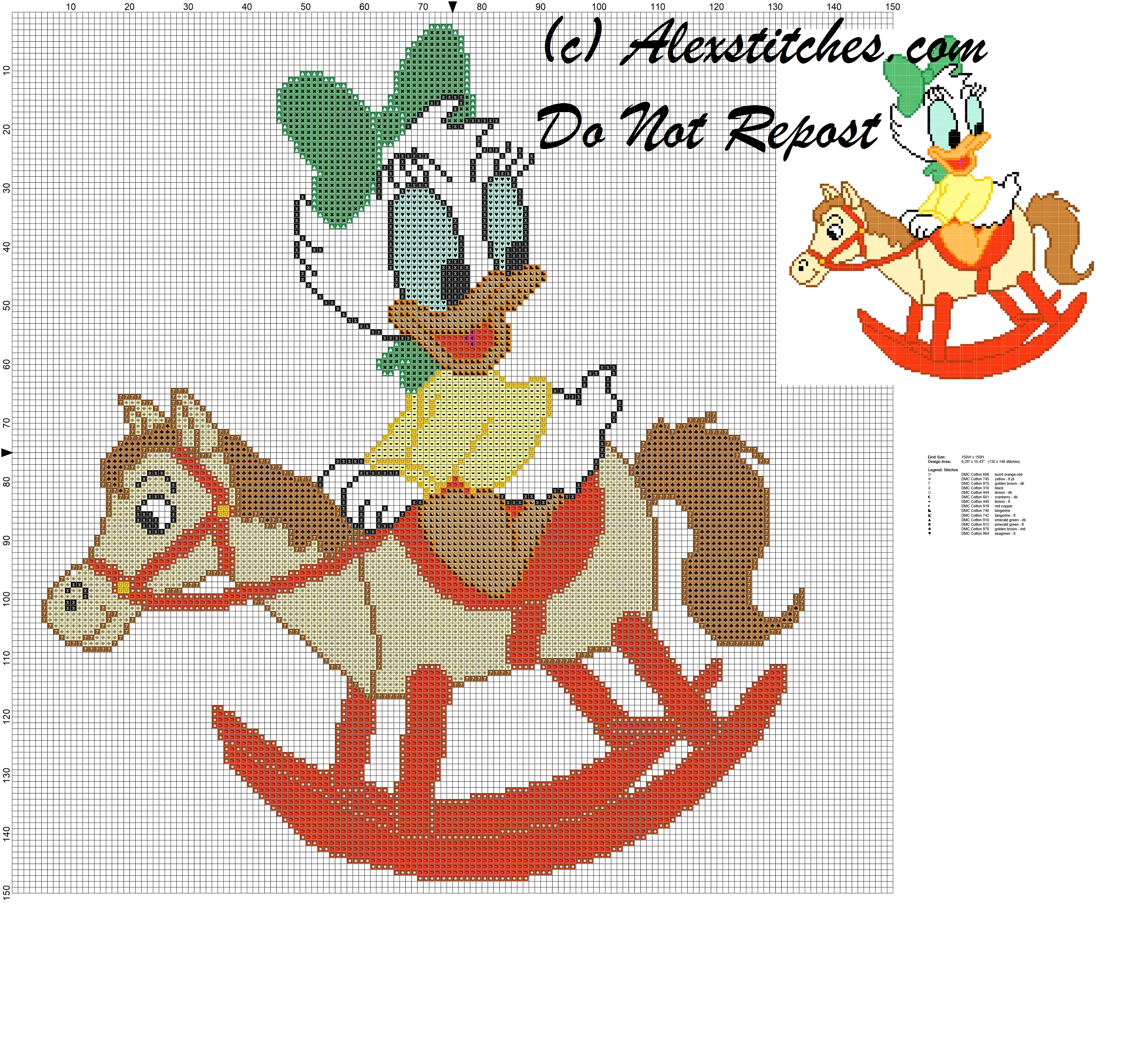 Baby Daisy Duck with rocking horse cross stitch pattern