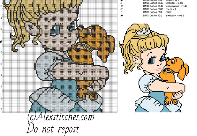 Baby Disney princess Cinderella with dog free cross stitch pattern 100x122 10 colors