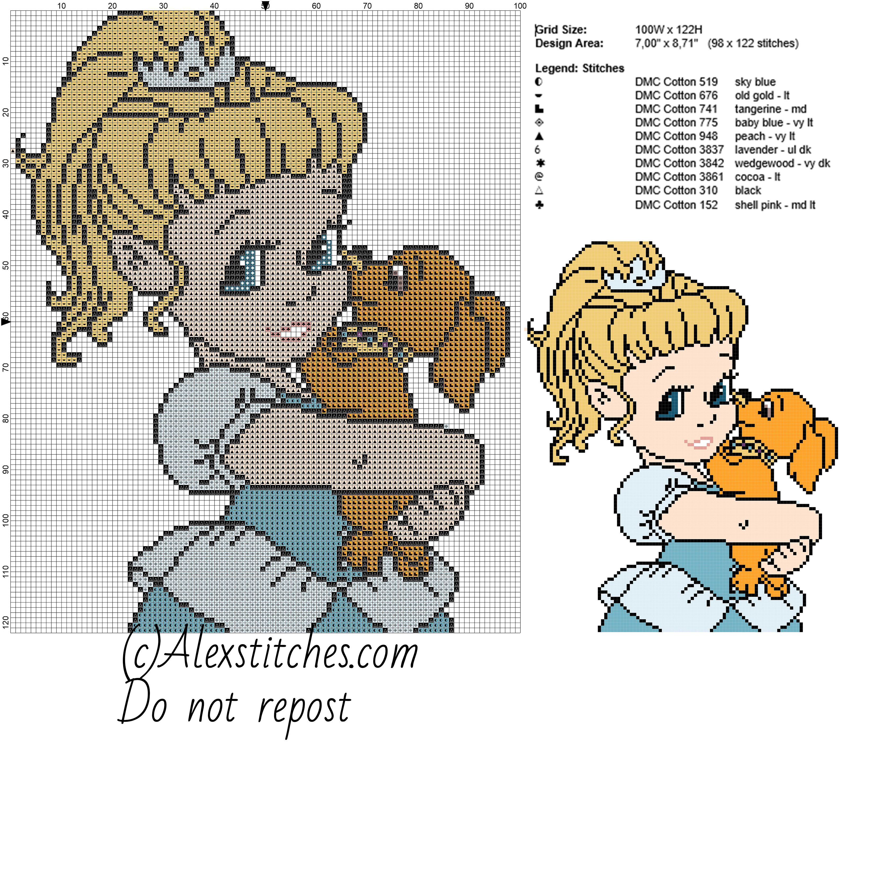 Baby Disney princess Cinderella with dog free cross stitch pattern 100x122 10 colors