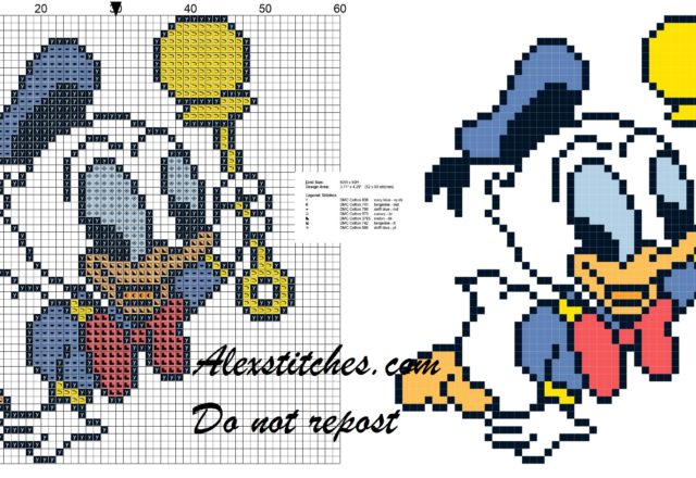 Baby Donald Duck with baby rattle cross stitch pattern