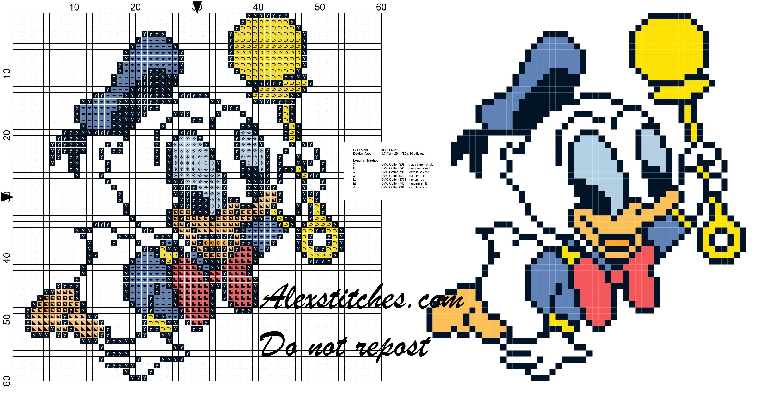 Baby Donald Duck with baby rattle cross stitch pattern