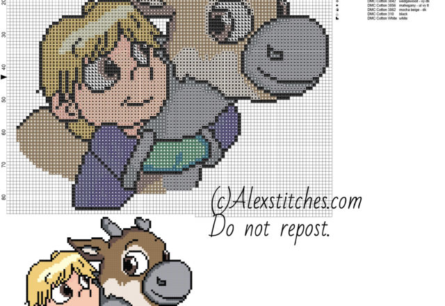 Baby Kristoff and Sven disney frozen free cross stitch pattern 100x86 14 colors
