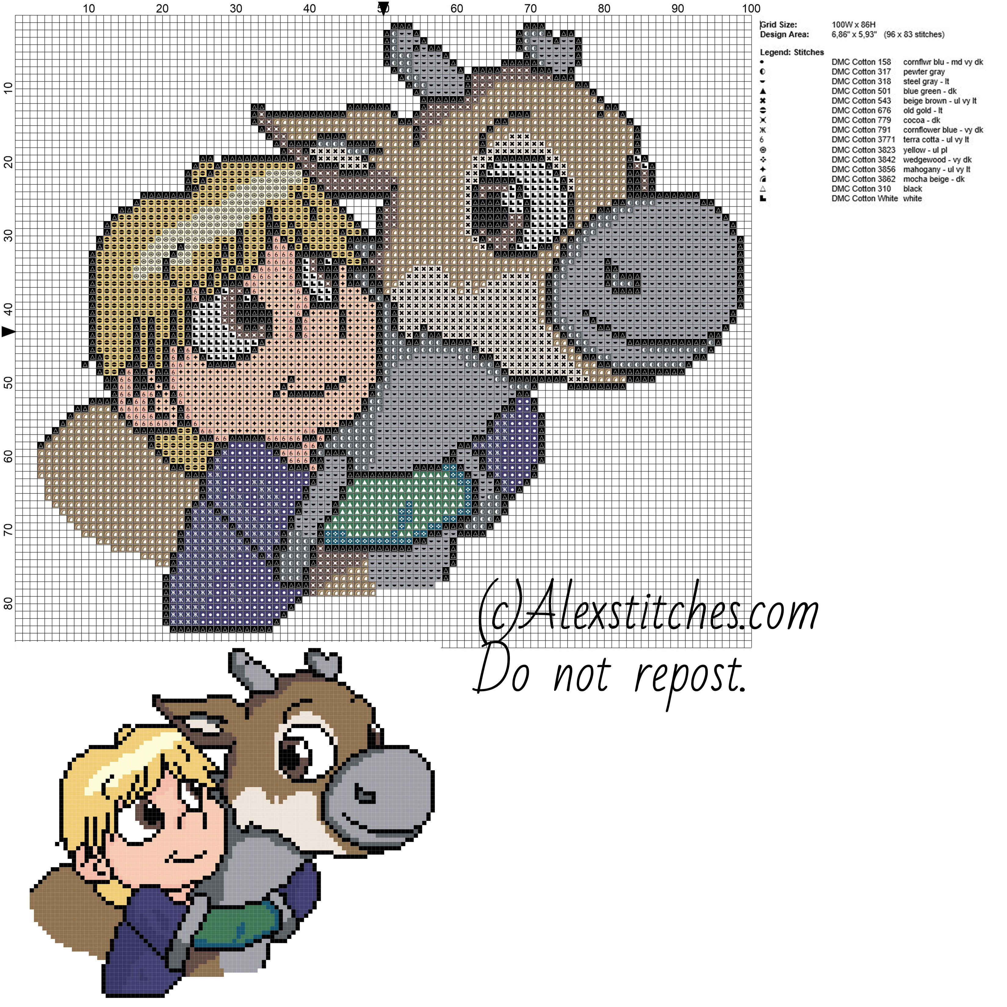 Baby Kristoff and Sven disney frozen free cross stitch pattern 100x86 14 colors