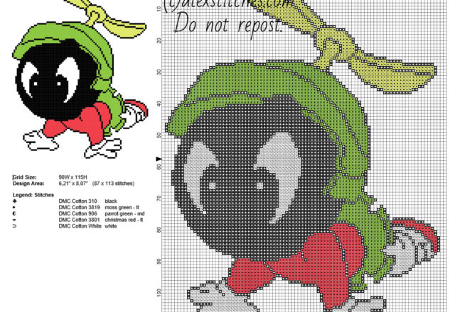 Baby Marvin The Martian Looney Tunes character free cross stitch pattern 87 x 113 5 colors