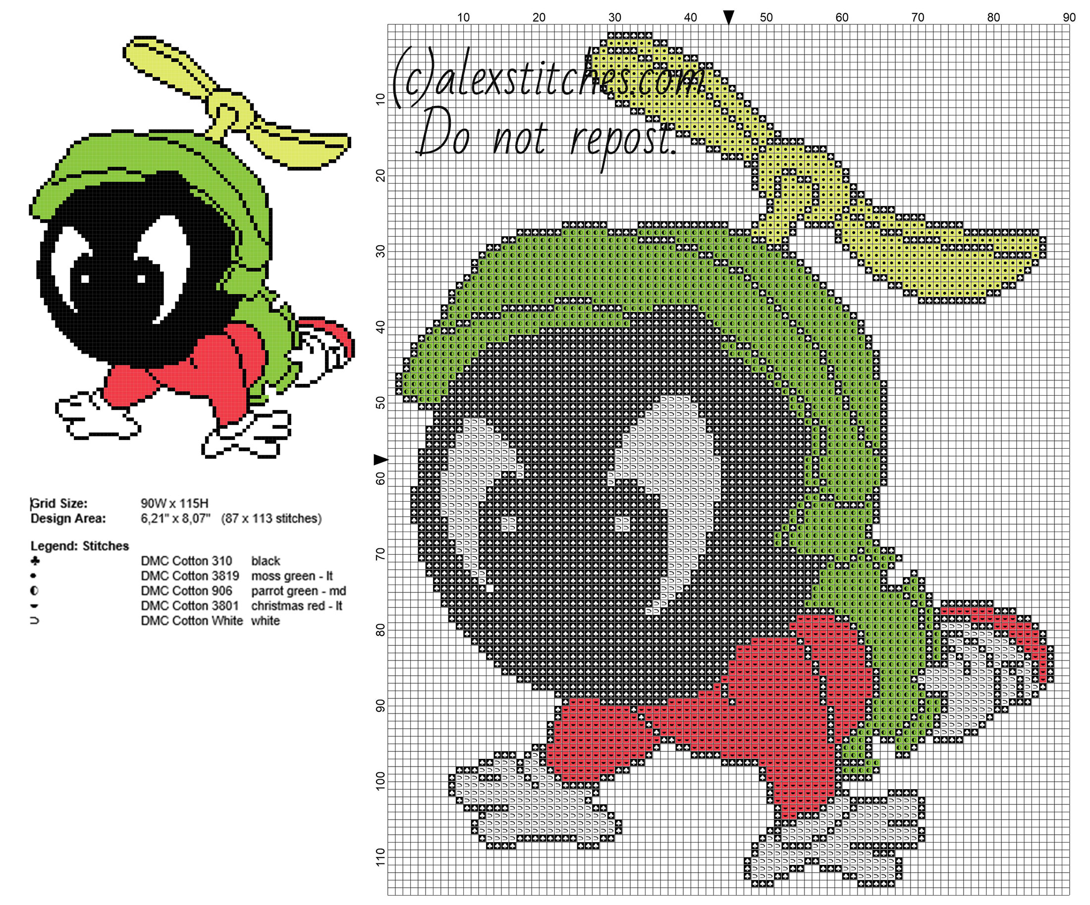 Baby Marvin The Martian Looney Tunes character free cross stitch pattern 87 x 113 5 colors