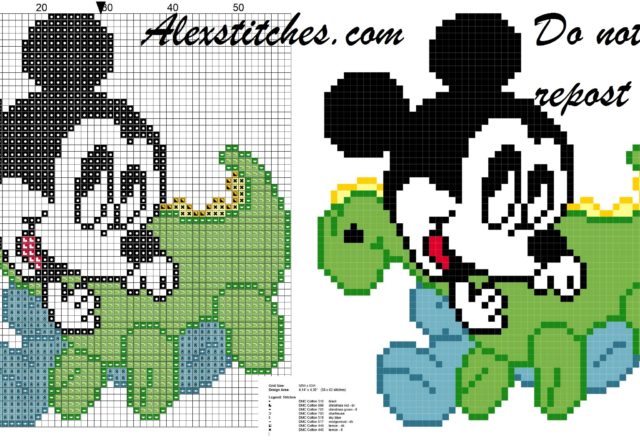 Baby Mickey Mouse with dinosaur pattern cross stitch