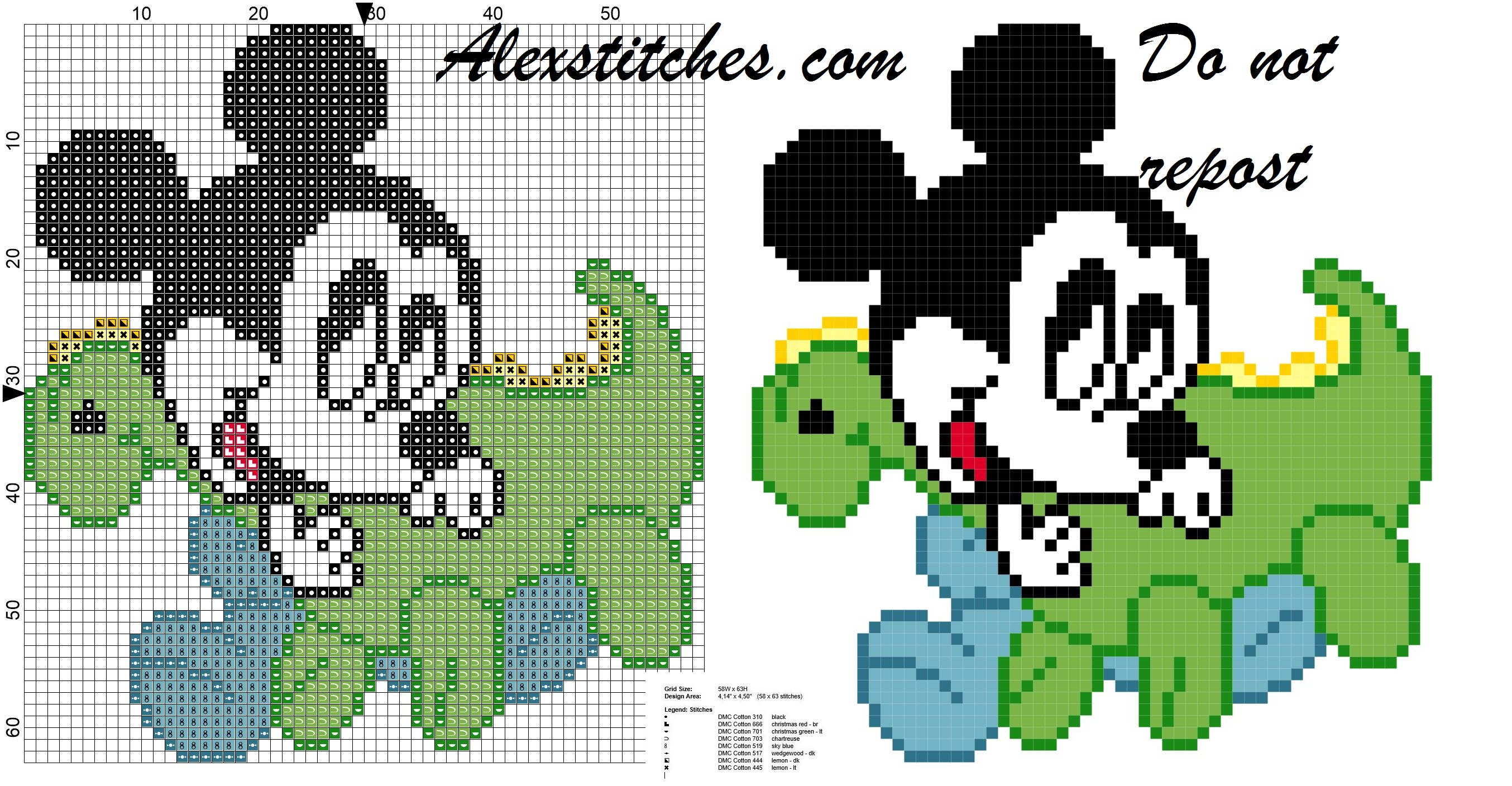 Baby Mickey Mouse with dinosaur pattern cross stitch